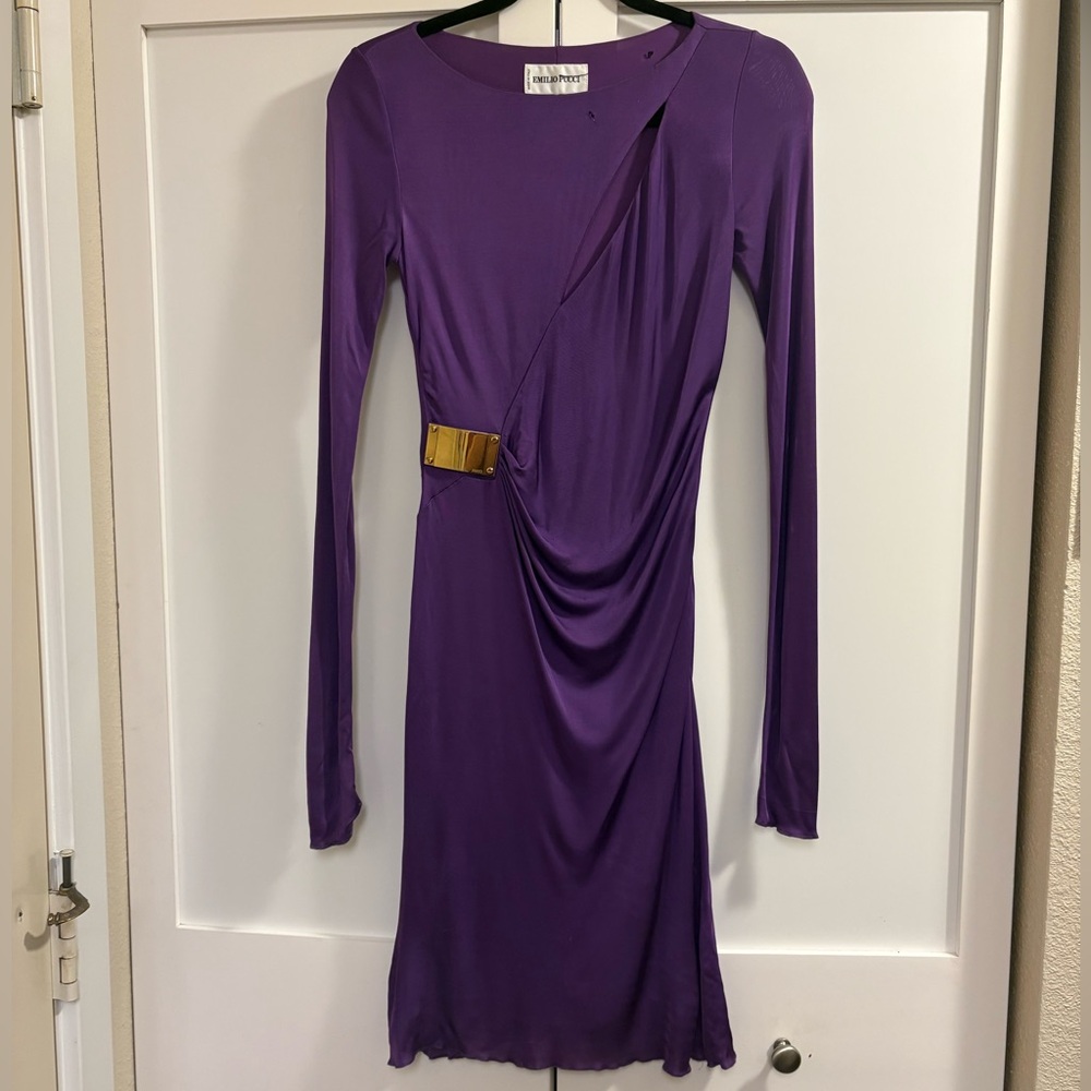 Emilio Pucci Purple Jersey Knit Cut-Out Ruched Long Sleeve Sheath Dress 6